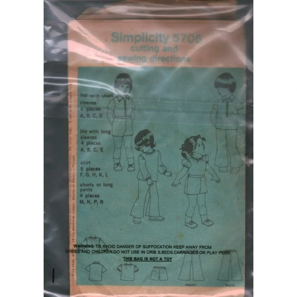 Vintage Simplicity 5706 Sewing Pattern Childrens Top Shirt Shorts Pants Cut 2